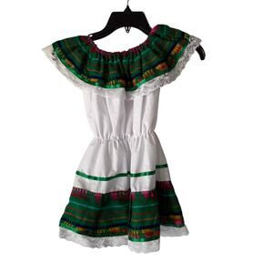 Traditional Mexican Girl’s Folklorico Dress Size 3 – Green & White, Lace Trim‎